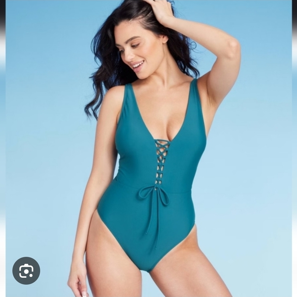 Shade & Shore Teal Lace-Up One-Piece Swimsuit